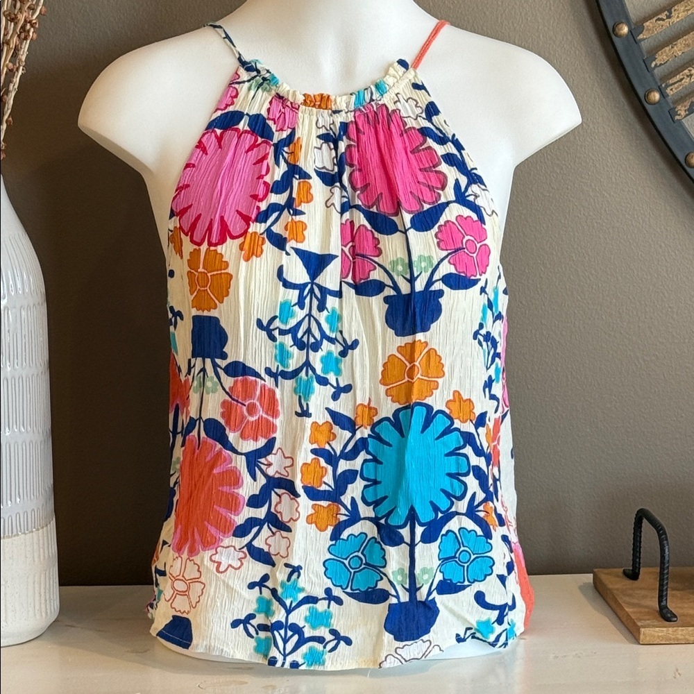 Unknown Source Vibrant Floral Halter Neck Swing Slightly Cropped Top Size Small